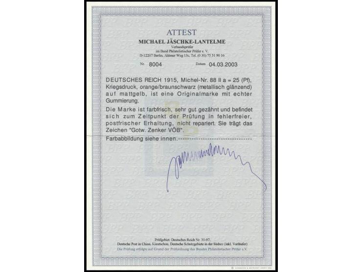 25 Pfg. orange/schwarz metallisch glänzend, farbfrisch und sehr gut gezähnt und zentriert, postfrisch, sign. Zenker und Fotoa