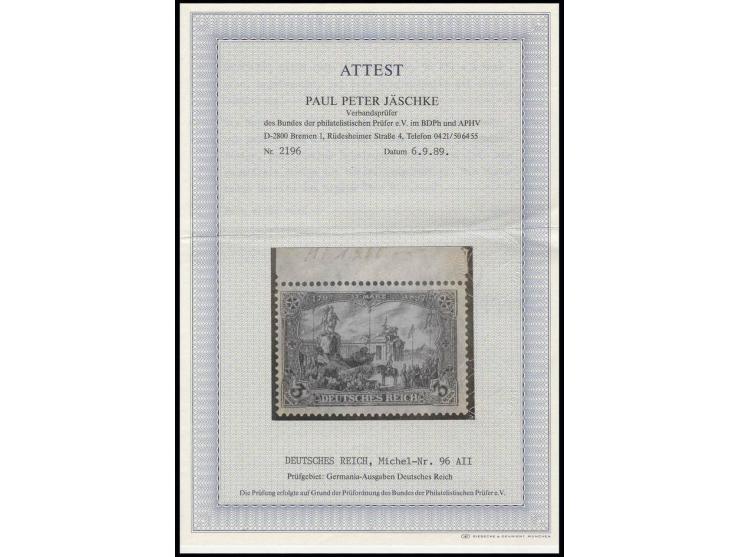 3 M. schwarzviolettgrau, Oberrandstück, postfrisch, Pracht, sign. Dr. Wittmann und Fotoattest Jäschke BPP, ex Dr. Rueger