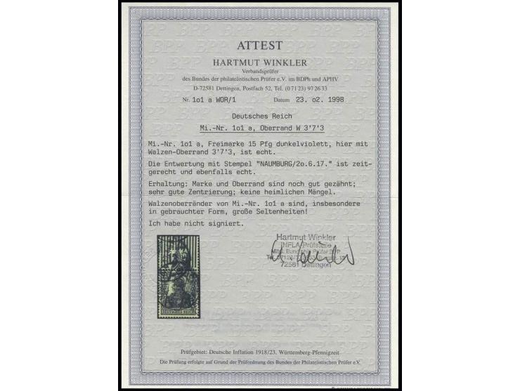 1917, 15 Pfg. dunkelviolett, Walzendruck-Oberrandstück mit Stempel "NAUMBURG 20.6.17", Pracht, Fotoattest Winkler BPP (Mi. 65