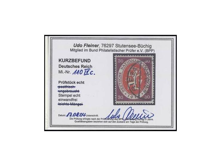 1919, Nationalversammlung 30 Pfg. lila, 2 Stück mit Plattenfehler "Maurerkelle mit dickem Griff" und "weiße Kerbe im Oval dir