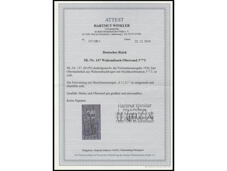 60 Pfg. mit Walzendruckoberrand 3'7'3, gestempelt mit Maschinenstempel 4.11.21, Pracht, Fotoattest Winkler BPP