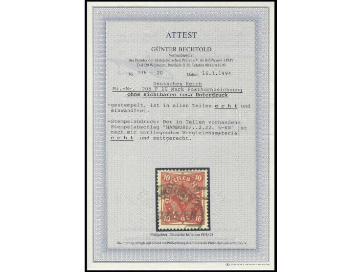 Posthorn 10 M. ohne sichtbaren rosa Unterdruck, sauber gestempelt, Pracht, Fotoatteste Bechtold und Oechsner BPP