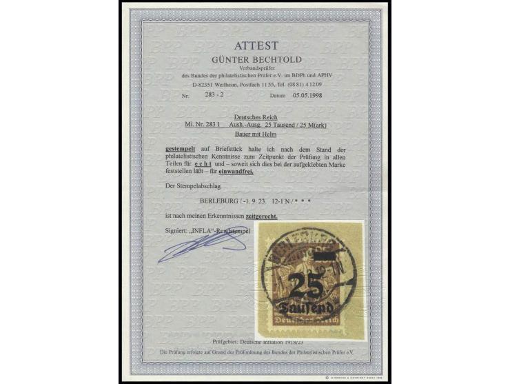 25 Tsd. auf 25 M. mit Plattenfehler "Bauer mit Helm", sauber gestempelt "BERLEBURG 1.9.23" auf Briefstück, Kabinett, Fotoatte