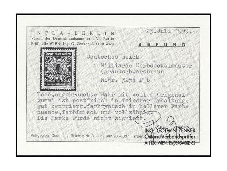 1 Mrd. M. schwärzlichbraun in heller Farbnuance, postfrisch, Kabinett, Fotobefund Zenker BPP (Mi. 1.400,-)