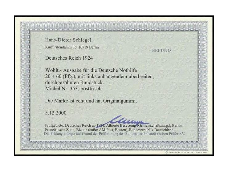 1924, Nothilfe 20 Pfg. mit durchgezähntem Leerfeld links, außerordentlich selten, Pracht, Fotobefund H.-D. Schlegel BPP (Mi. 