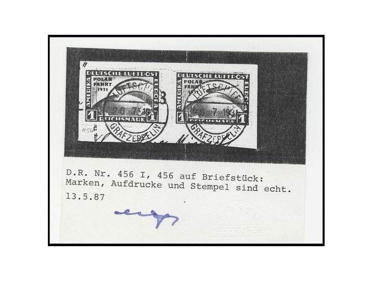 1 M., zwei Stück mit Bordpoststempel "26.7.31" auf Briefstück, die linke Marke "ohne Bindestrich", teils leichte Farbsbsplitt