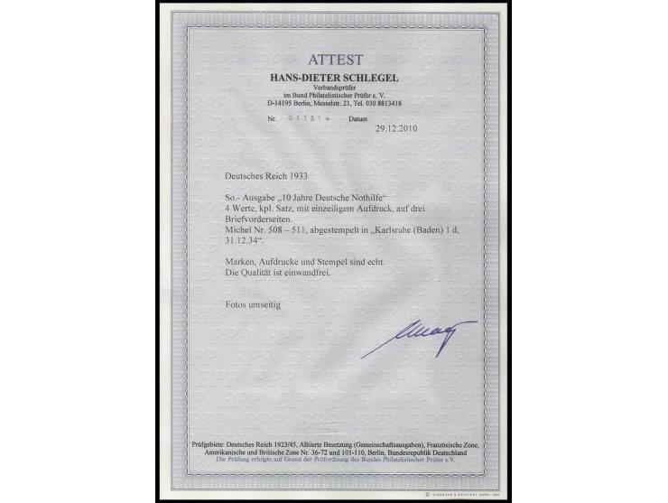 5-50 Pfg. kpl. auf 3 Briefvorderseiten bzw. Briefteilen mit Zufrankaturen von Karlsruhe, Pracht, Fotoattest H.D.Schlegel BPP 