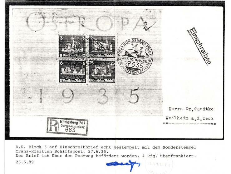 dito, mit Sonderstempel "CRANZ-ROSSITTEN 27.6.35" auf R-Brief mit Sonder-R-Zettel nach Weilheim mit Ankunftsstempel, Pracht, 