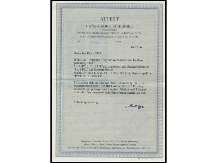 1943, Tag der Wehrmacht 5 Pfg. und 15 Pfg. jeweils im breitrandig ungezähnten Paar, zusammen mit 2 Stück Hindenburg 1 Pfg. in