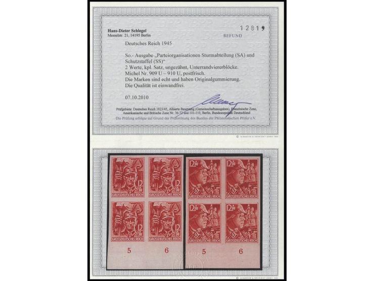 1945, SA/SS 12 Pfg. ungezähnt in postfrischen 4er-Blocks vom Unterrand, Fotobefund Schlegel D. BPP, dazu senkrechte Paare, ob