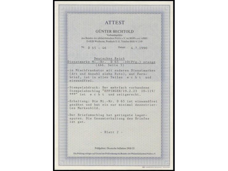 1921, 10 Pfg. mit Zufrankatur auf Brief von "EPPINGEN 19.2.23", geringfügig unfrisch, sign. Infla und Bechtold BPP mit Fotoat