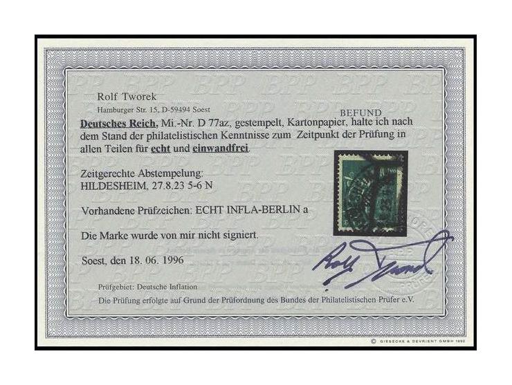 1923, 40 M. auf Kartonpapier mit klarem Stempel "HILDESHEIM 27.8.23", Pracht, sign. Infla und Fotobefund Tworek BPP (Mi. gest