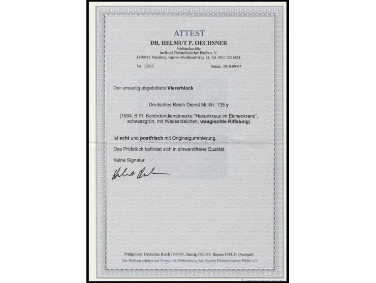 1934, Behördendienstmarke 6 Pfg. mit waagerechter Gummiriffelung, postfrischer 4er-Block, Fotoattest Oechsner BPP (Mi. 880,-)