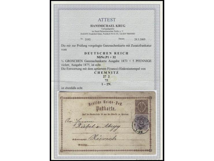 1873, Karte ½ Gr. mit Zufrankatur 1875, 5 Pfg. violett mit aptiertem Franko-EKr. "CHEMNITZ 27 2 75" nach Zürich, Aufbrauchsve