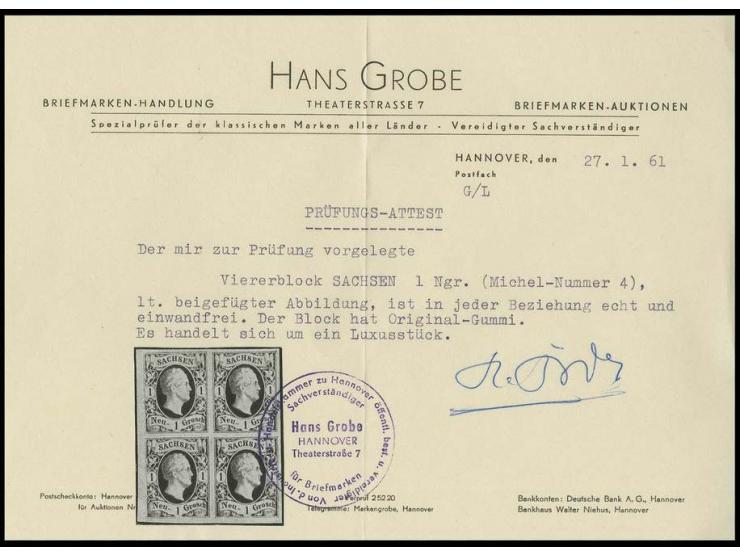 1 Neugroschen auf mattgraurot, Type II, 4er-Block, allseits breit- bis überrandig, ungebraucht mit Originalgummi, Luxus, sign