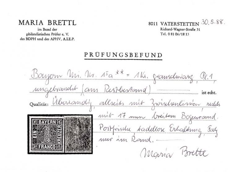 1849/50, Platte 1: 1 Kr. grauschwarz, allseits breitrandig, rechts mit 17mm Bogenrand, ungebraucht mit Falzrest nur im äußere