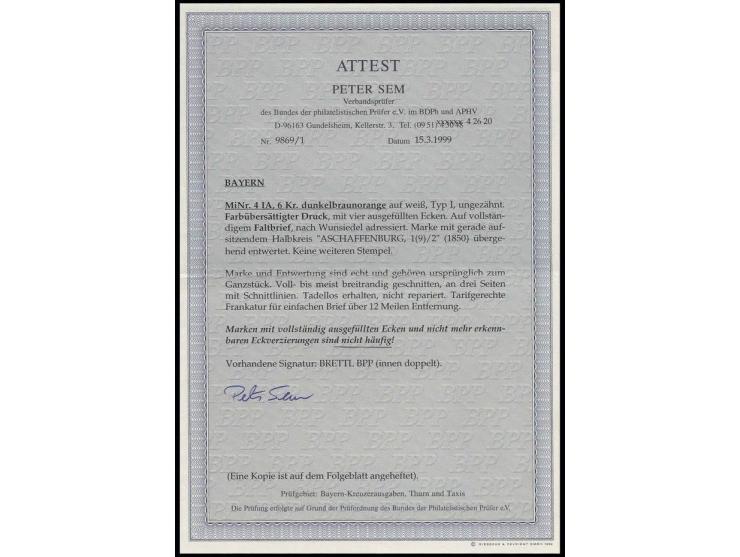 6 Kr. rötlichbraun mit ausgefüllten Ecken, voll- bis meist breitrandig mit sauberem Halbkreisstempel "ASCHAFFENBURG 19/2" (18