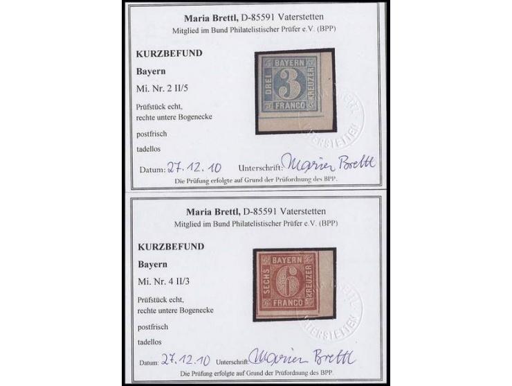 3 Kr. blau, Platte 5, und 6 Kr. braun, Platte 3, je breitrandige rechte untere Bogenecke, postfrisch, Luxus, jeweils Kurzbefu