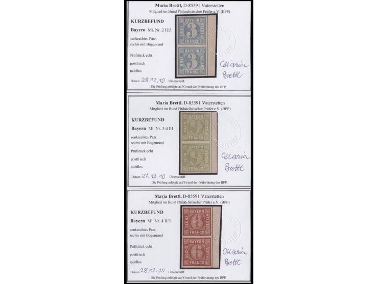 3 Kr. blau, Platte 5, 6 Kr. rötlichbraun, Platte 3, und 9 Kr. gelbgrün, Type III, je im senkrechten Paar, allseits breit- bis