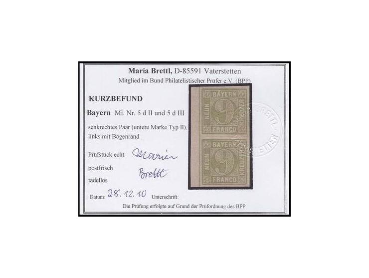 9 Kr. gelbgrün im senkrechten Paar mit den Typen II und III, allseits breitrandig mit ca. 3 mm linken Bogenrand, postfrisch, 