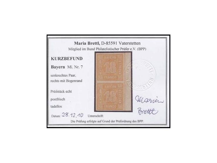18 Kr. gelborange im senkrechten Paar, allseits breitrandig mit ca. 5 mm rechtem Bogenrand, postfrisch, Kabinett, Kurzbefund 