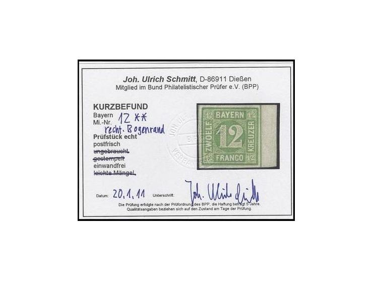 12 Kr. grün, allseits breitrandig mit 5/6 mm rechtem Bgenrand, postfrisch, Luxus, Kurzbefund Schmitt BPP
