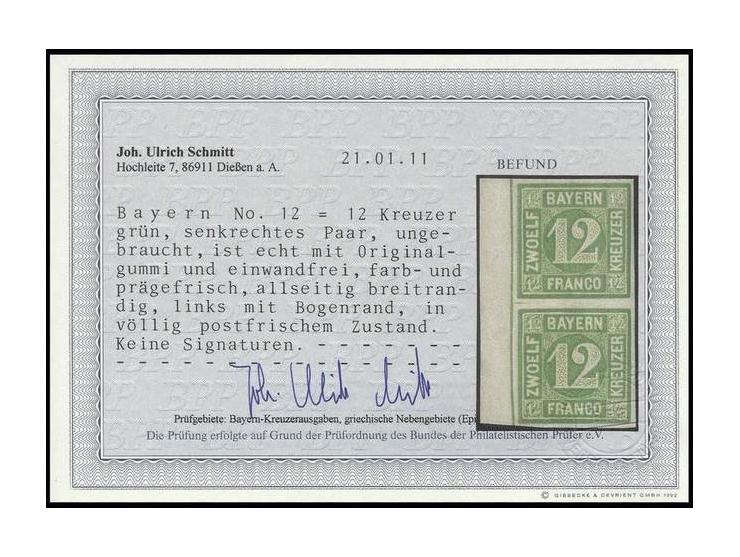 12 Kr. grün im senkrechten Paar, allseits breit- bis überrandig, links mit ca. 5 mm Bogenrand, postfrisch, Luxus, Fotobefund 