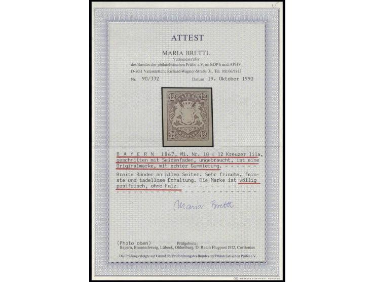 12 Kr. lila, farbfrisch und allseits breitrandig, postfrisch, unsigniert, Kabinett, Fotoattest Brettl BPP ex Dr. Rueger