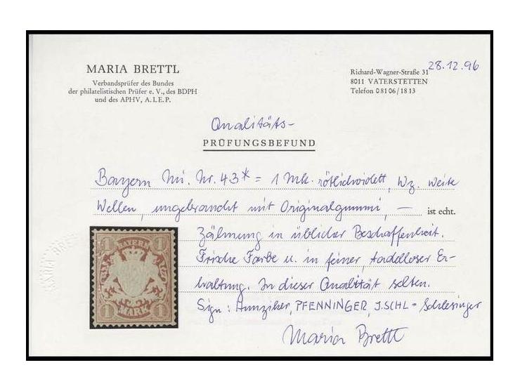 1 M. rötlichviolett, farbfrisch mit sehr guter Zähnung, ungebraucht in tadelloser Erhaltung, u.a. sign. Schlesinger sowie Att
