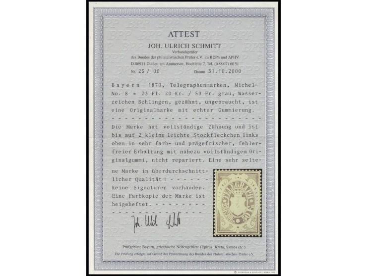 TELEGRAFENMARKEN: 1870, 50 Fr. grau, farbfrisch mit guter Zähnung, sauber ungebraucht, bis auf zwei kleine Stockflecken in ei