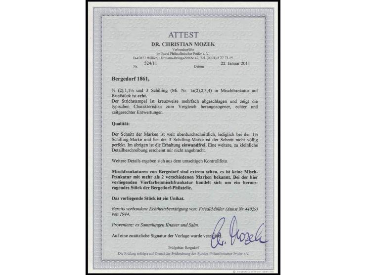 ½  Sch. auf blau, 2 Einzelstücke, zusammen mit 1 Sch. schwarz, 1 ½ Sch. auf gelb und 3 Sch. auf mattrosa, die 1 ½ Sch. links 