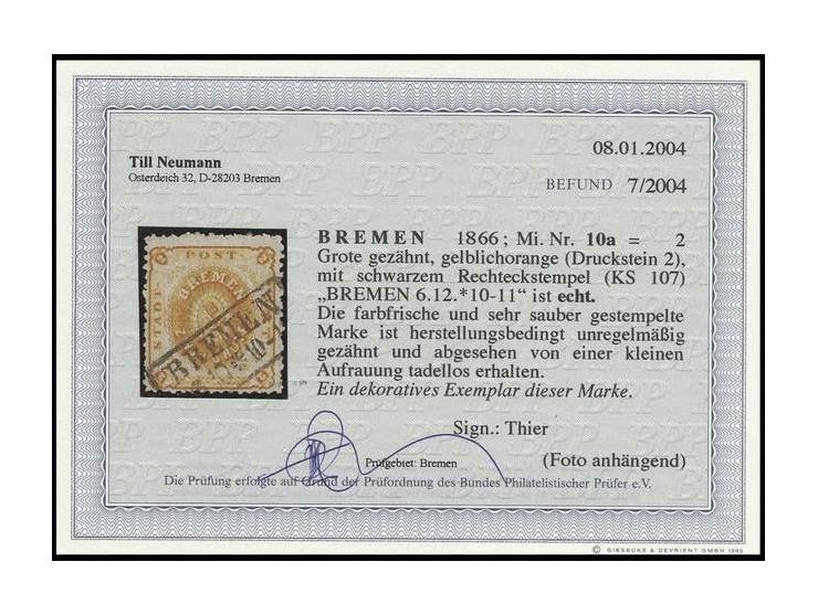 1866/67, gezähnt: 2 Gr. gelblichorange, sehr schön farbfrisch mit klar aufgesetztem Ra2 "BREMEN 6 10", bis auf rückseitig min