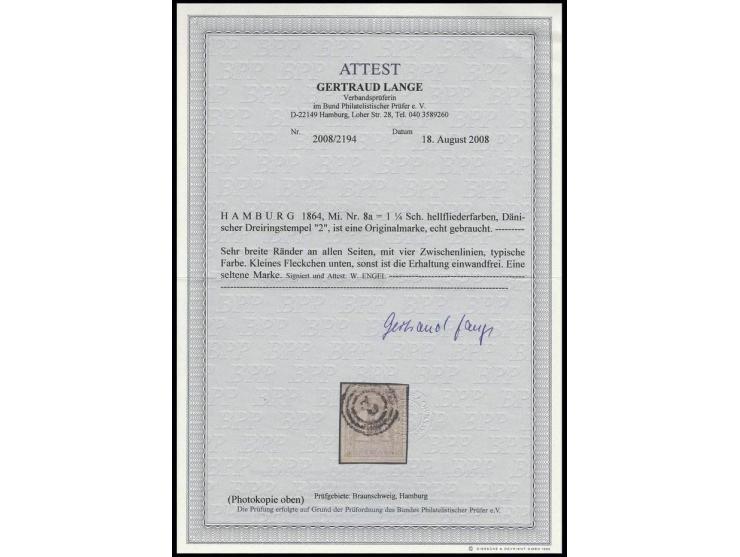 1864, 1¼ Sch. hellflieder, schöne Farbe und allseits breitrandig mit Teilen aller 4 Zwischenlinien, unten unmerkliches kleine