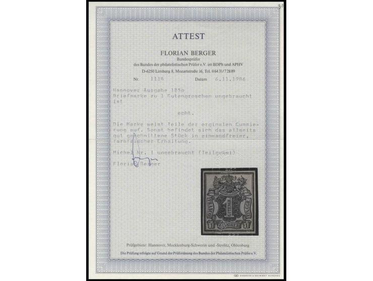 1850, 1 Ggr. auf blaugrau, allseits gute gerandet mit Teilen des Originalgummis, Kabinett, Fotoattest Berger BPP; ex Dr. Rueg