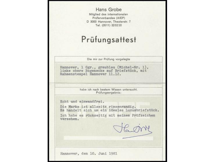 1 Ggr. auf graublau, allseits enorm breitrandige linke obere Bogenecke mit klarem Ra3 "HANNOVER 21 Sep. 11-12" auf Briefstück