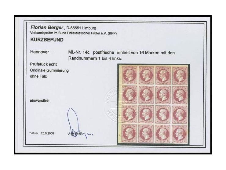 1 Gr. lilarot im 16er-Block aus der linken oberen Bogenecke mit Reihenzählern "1"-"4", postfrisch, Pracht, Kurzbefund Berger 