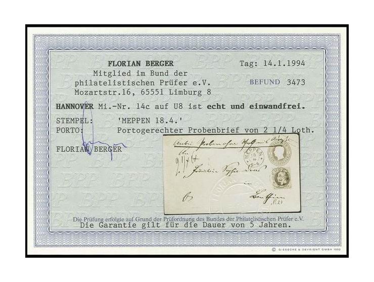 1 Gr. lilarot mit klarem DKr. "MEPPEN 18 4" als Zufrankatur auf Ganzsachenumschlag 1 Gr. rosa mit handschriftlichem Vermerk "