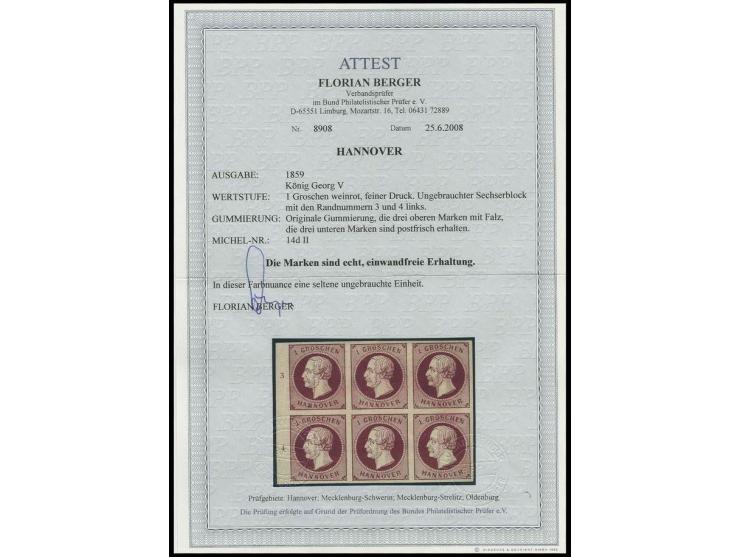 1 Gr. weinrot, feiner Druck, im waagerechten 6er-Block vom linken Bogenrand mit Reihenzählern "3" und "4", farbfrisch und all