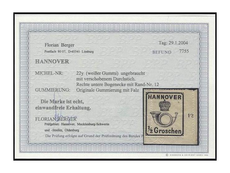 weiße Gummierung: ½ Gr. schwarz aus der rechten unteren Bogenecke, farbfrisch mit verschobenem Durchstich, ungebraucht, Kabin