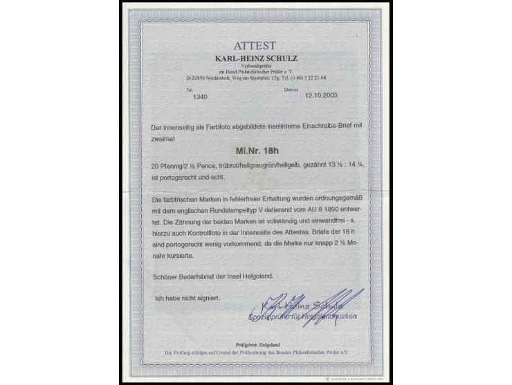 1876, 20 Pfg. trübrot/hellgraugrün/hellgelb, 2 Exemplare mit Rundstempel "HELIGOLAND AU 8 1890" auf eingeschriebenem Inselbri