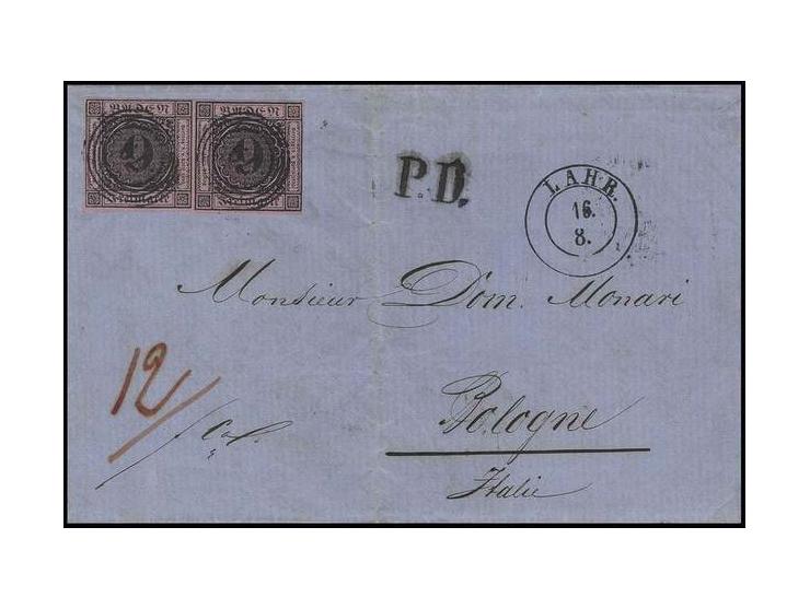 KIRCHENSTAAT: 1851/58, 9 Kreuzer auf lilarosa im waagerechten Paar, lediglich rechts unten minimal berührt, sonst allseits vo