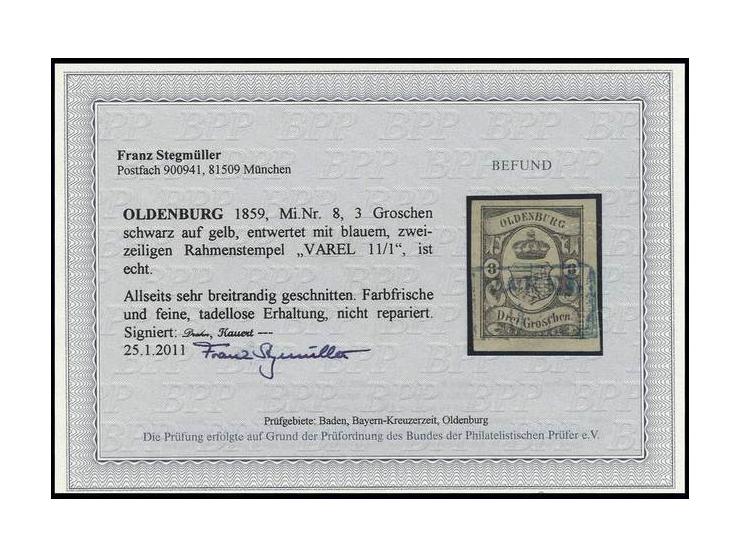 3 Gr. auf graugelb, allseits sehr breitrandig mit gerade aufgesetztem Ra2 "VAREL 11/1", Kabinett, sign. Drahn und Kauert sowi