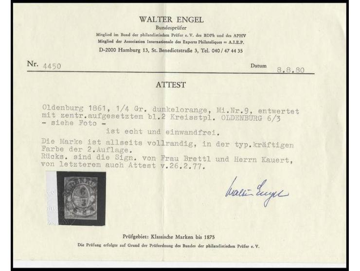¼ Gr. dunkelorange, voll- bis breitrandig und farbfrisch mit gerade und zentrich aufgesetztem DKr. "OLDENBURG 6/3"; ein sehr 