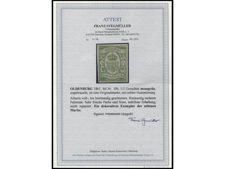 1/3 Gr. moosgrün, farbfrisch und allseits voll- bis breitrandig, sauber ungebraucht, Kabinett, sign. Pfenninger und Fotoattes