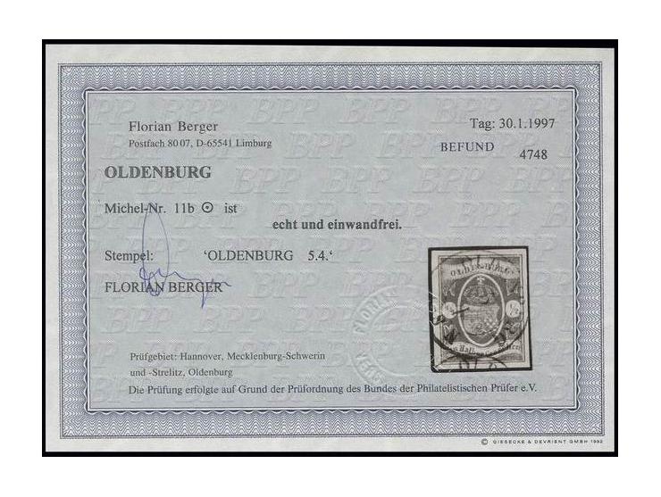 ½ Gr. dunkelbraun, allseits gleichmäßig breitrandig, sauber entwertet durch blauen DKr. "OLDENBURG 5 1", Kabinett, Fotobefund