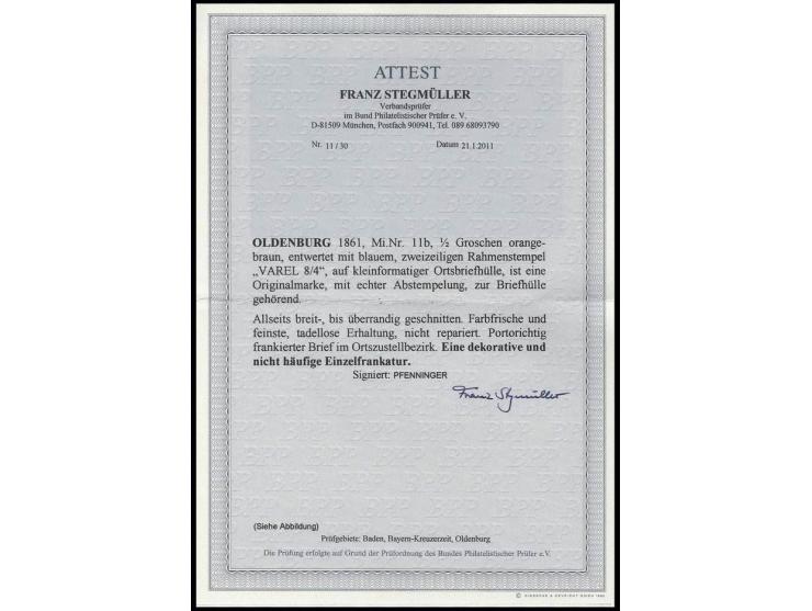 ½ Gr. dunkelbraun, voll- bis überrandig mit klarem Ra2 "VAREL 8/4" auf kleiner Ortsbriefhülle, Pracht, sign. Pfenninger und F