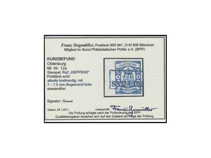 1 Gr. blau, allseits breitrandig, links mit ca. 7 mm Bogenrand, sauber entwertet durch Ra2 "HEPPENS 3/7", Luxus, sign. Kauert