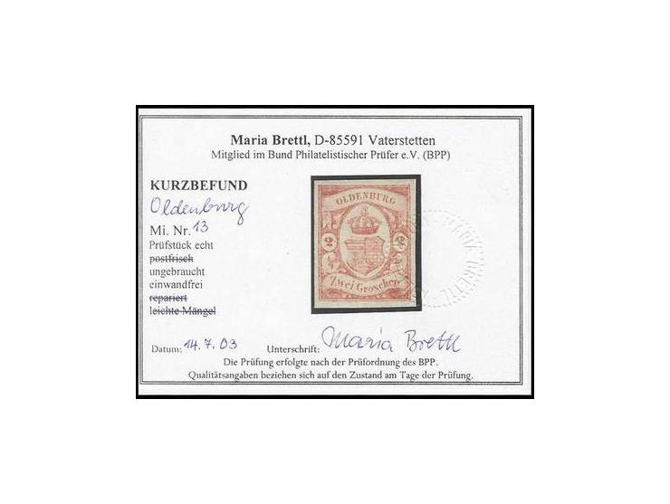 2 Gr. rotorange, farbfrisch und allseits gut gerandet, ungebraucht, Kabinett, sign. Brun und Kurzbefund Brettl BPP ex Dr. Rue