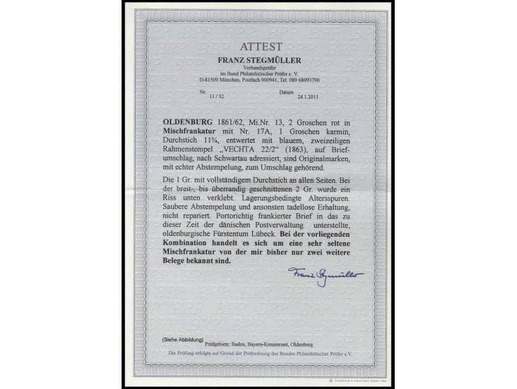 2 Gr. rot, breit- bis überrandig, in Mischfrankatur mit 1862, 1 Gr. karmin mit allseits tadellosem Durchstich, mit jeweils sa