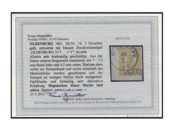 3 Gr. gelb, allseits sehr breitrandige linke untere Bogenecke mit 7/7,5 mm linkem und 4,5 mm unterem Bogenrand, sauber entwer